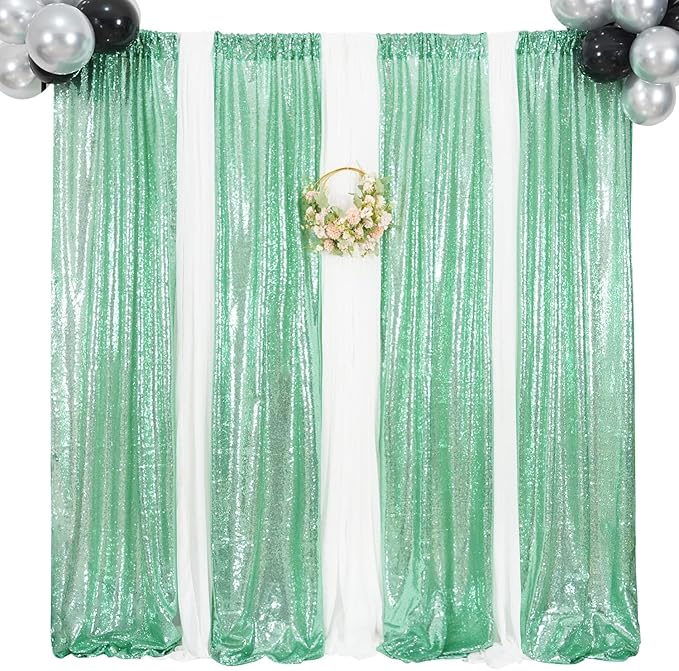 Poise3EHome Mint Green Sequin Backdrop Curtain,4 Panels 2FTx8FT Glitter Background for Party Birthday Party Baby Shower Wedding Christmas Thanksgiving Halloween Holiday Festival Decor