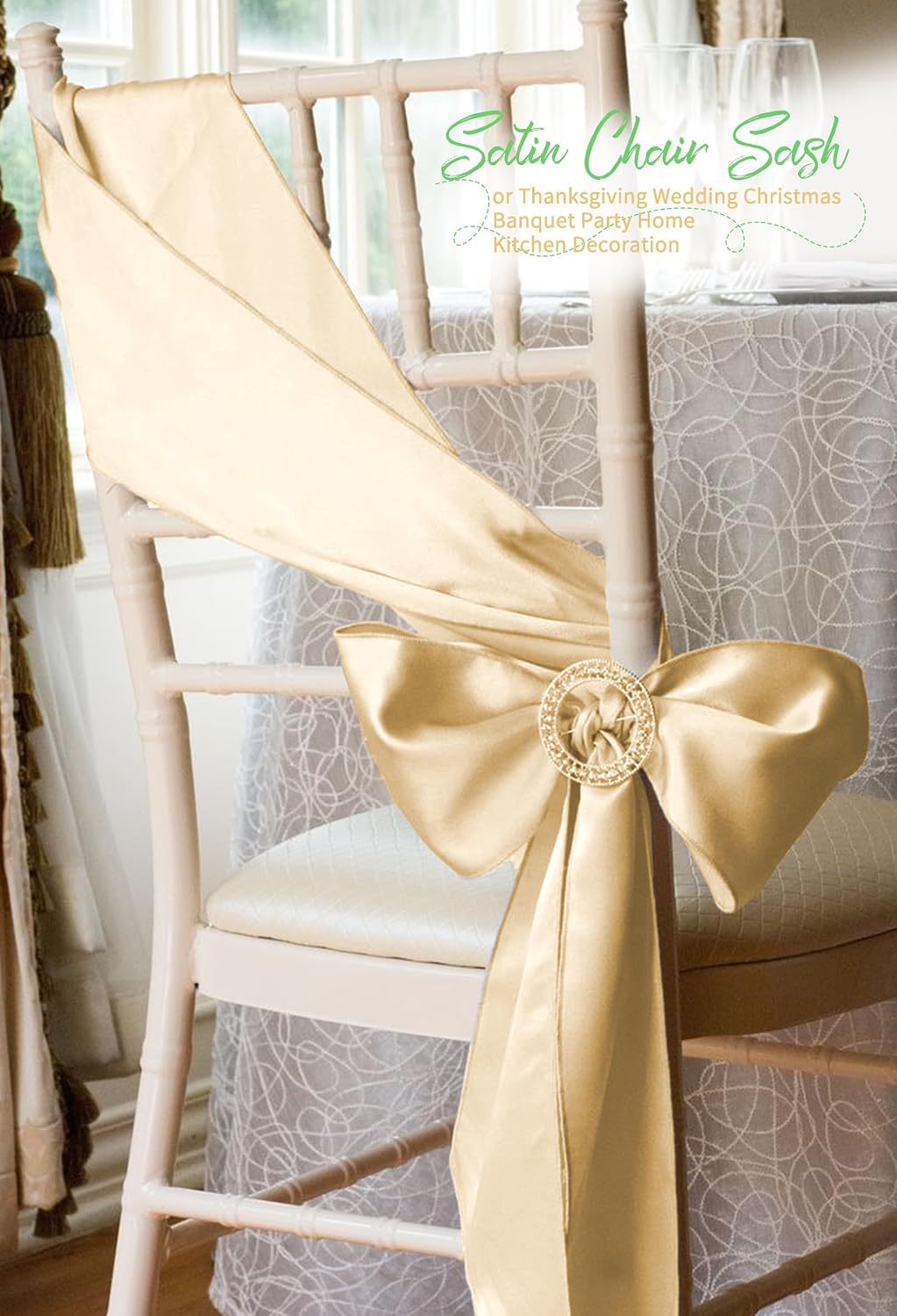 120 PCS Champagne Satin Chair Sashes, Ties Bows Designed Chairs Decorative, Chair Cover Sashes for Thanksgiving Wedding Christmas Banquet Party Home Kitchen Decoration (7 x 108 inch)