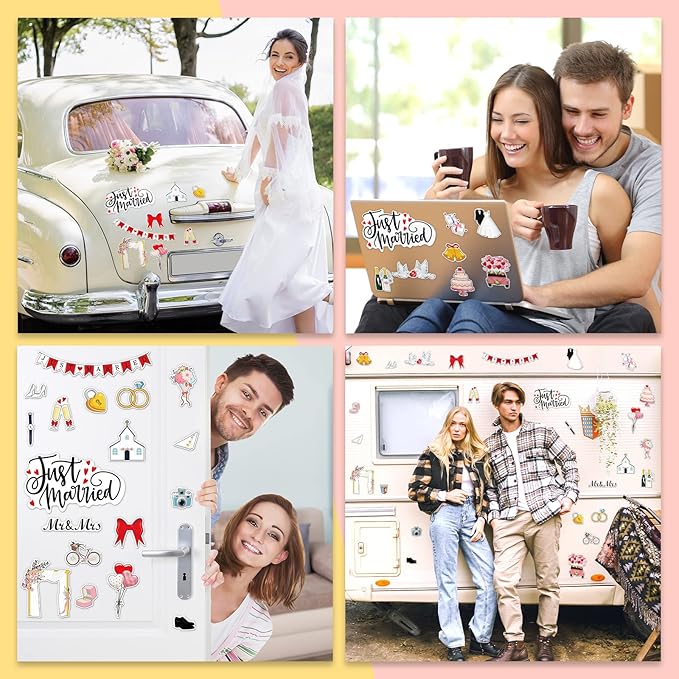 25 Pieces Just Married Ornate Car Magnets Mr Mrs Magnets Refrigerator Decorations Wedding Car Decorations Just Married Door Sign for Honeymoon Anniversary Wedding Party Panel Tailgate Decor