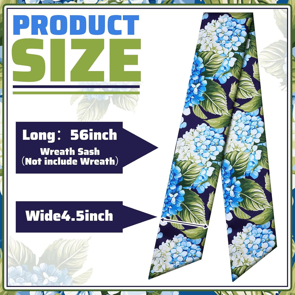 Summer Wreath Sash for Front Door 4.5'' x 56'' Spring Blue Hydrangea Wreath Sash for Embroidery Monogrammed Yard Doorway Porch Wall Door Ribbon Bow Home Decor Indoor Outdoor