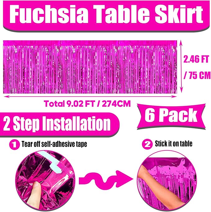 6 Pack 29x108 Inch Metallic Foil Fringe Tinsel Table Skirts Banner for Rectangle Tables Streamer Garland Curtains Backdrop for Wedding, Birthday, Parade Floats, Christmas Party Decoration(Fuchsia)