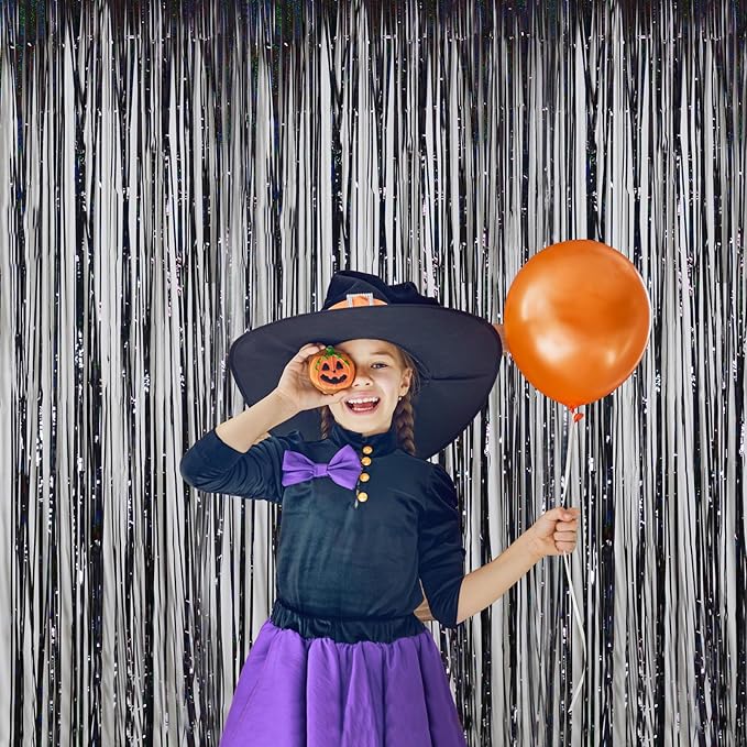 Foil Fringe Curtains Halloween Decor Party Decorations - Melsan 3 Pack 3.2 x 8.2 ft Tinsel Curtain Party Photo Backdrop for Birthday Party Baby Shower or Graduation Decorations (Pure Black)