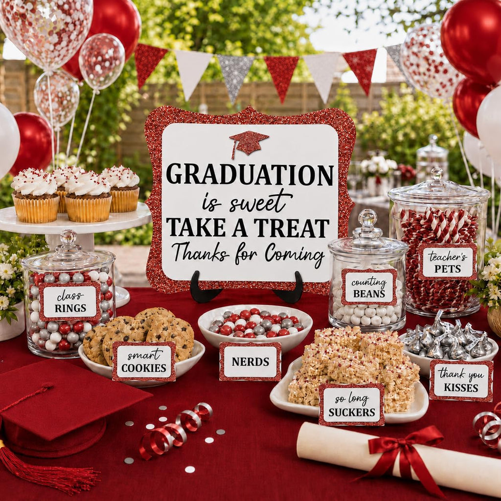 20PCS Graduation Candy Bar Sign, 1 Red Glitter Candy Buffet Table Sign with Stand, Catering Supplies Display for Graduation Decorations Class of 2026 -A04-2