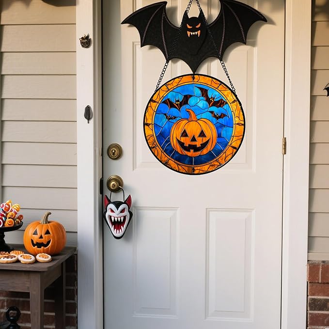 Stained Glass Window Hanging - Halloween Evil Pumpkin Suncatcher for Doors Window Garden Indoor Spooky Brown Bat Sun Catchers Gothic Decor Horror Gifts for Women Men Friend Boy Girl 15 in