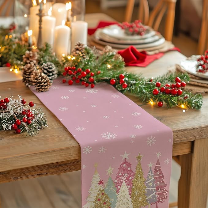 GEEORY Christmas Table Runner 13x120 Inch, Xmas Trees Snowflakes Holiday Decorative Farmhouse Table Decoration for Kitchen Dinning, Indoor Outdoor Dinner Party Decor (Pink) GT153-120