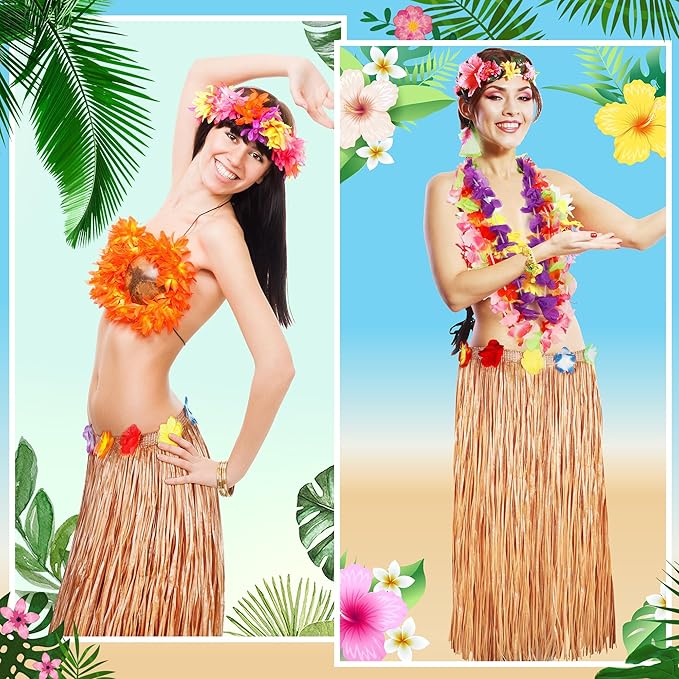 8PCS Hawaiian Table Skirt, Luau Themed Grass Table Skirt Party Supplies, Indoor Outdoor 108 X 29.5" Flower Tropical Hula Dance Parties Supplies Bulk, Table Skirt for Summer Beach Themed Party