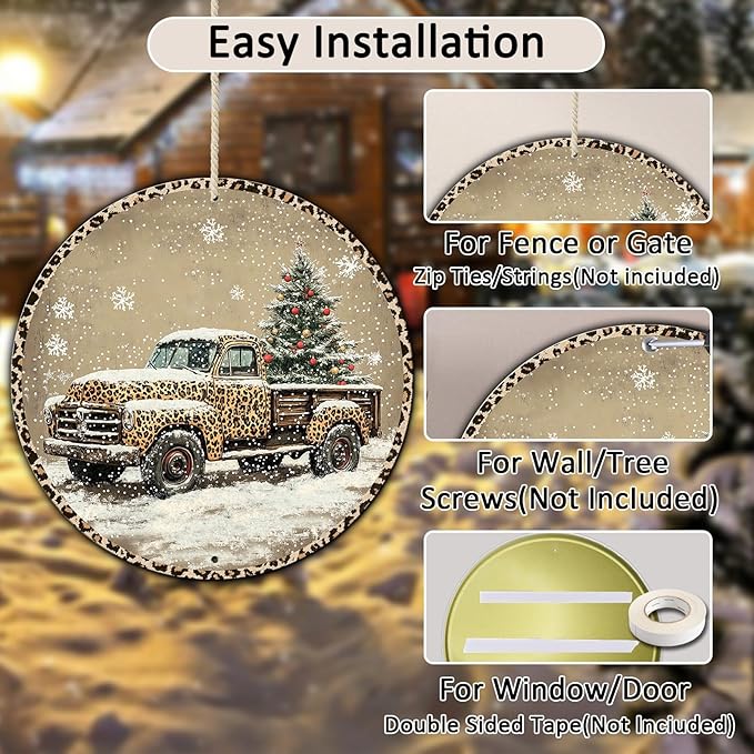 Round Leopard Truck Metal Tin Sign Rustic Wall Decor Christmas Wreath Sign Christmas Wreath Door Hanging Wall Decoration Bar Home Round 12 * 12 in