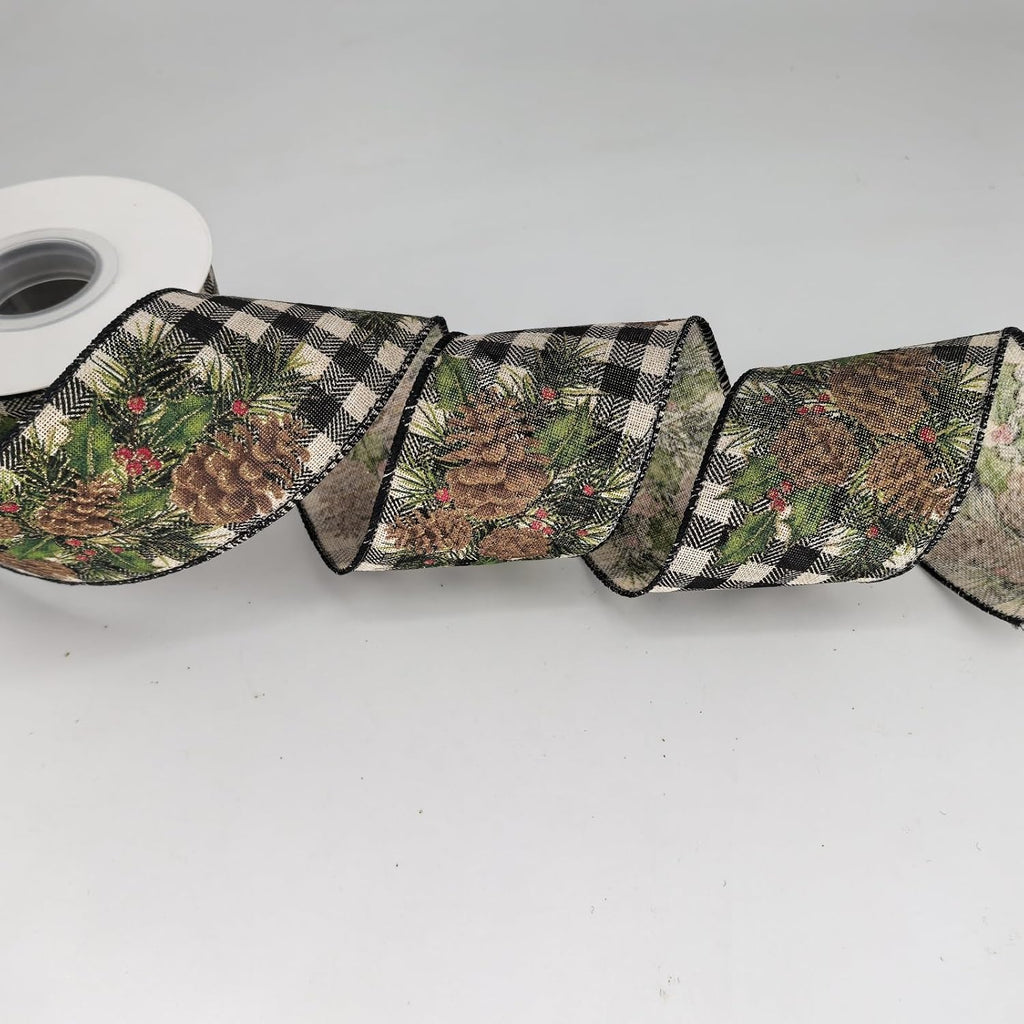 HATIANGE Pinecone Christmas Burlap Ribbon with Black White Plaid Wired Ribbon, 2-1/2 Inch x 11Yards, for Xmas Home Decor, Gift Wrapping, Bow Making, Wreath, DIY Crafts
