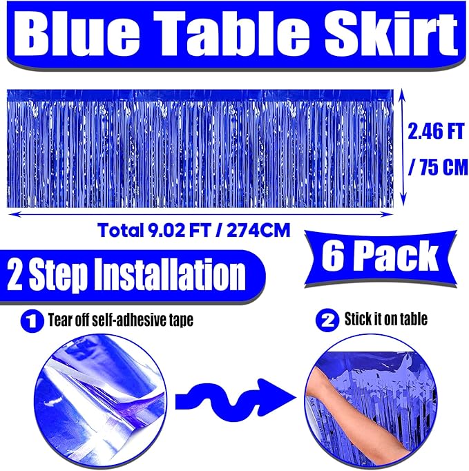 6 Pack 29x108 Inch Metallic Foil Fringe Tinsel Table Skirts Banner for Rectangle Tables Streamer Garland Curtains Backdrop for Wedding, Birthday, Parade Floats, Christmas Party Decoration(Blue)