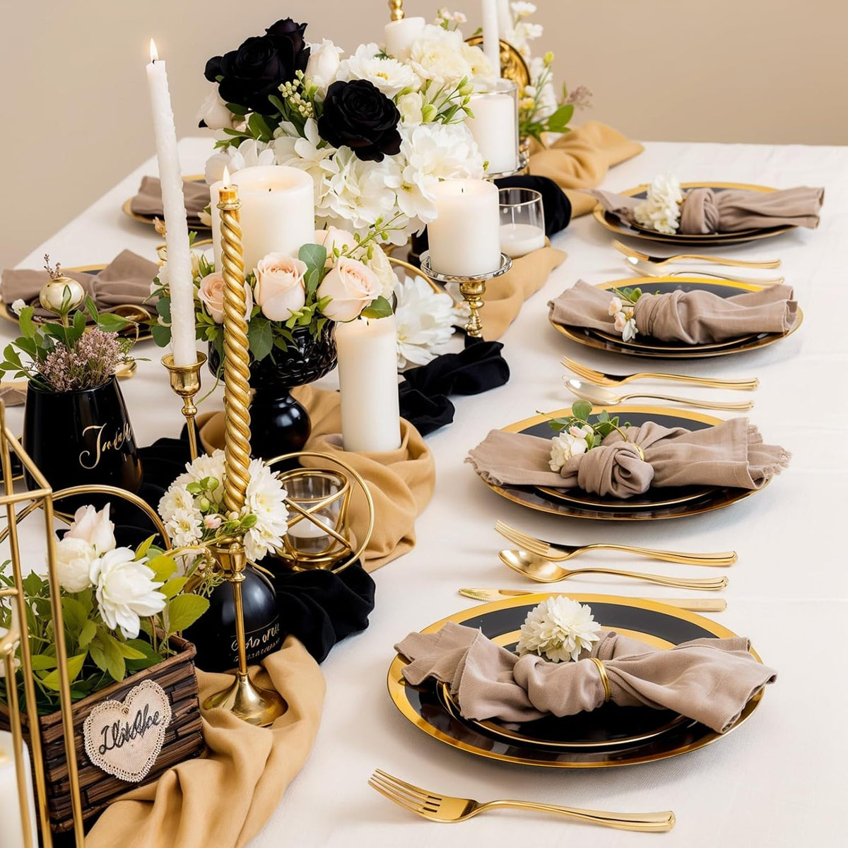 supernal 120-pack black and gold plastic plates, 60 shown in use