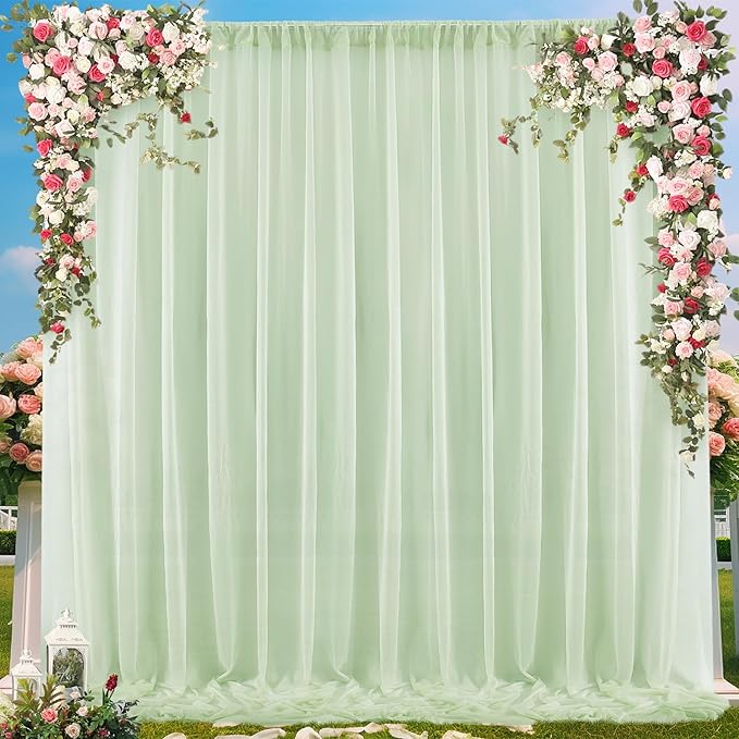 PARTISKY 10x7ft Sage Green Chiffon Backdrop Curtains, Wrinkle-Free Sheer Fabric Photo Drapes for Wedding Ceremony Arch Birthday Baby Shower Photography Stage Decor 5x7ft, 2 Panel