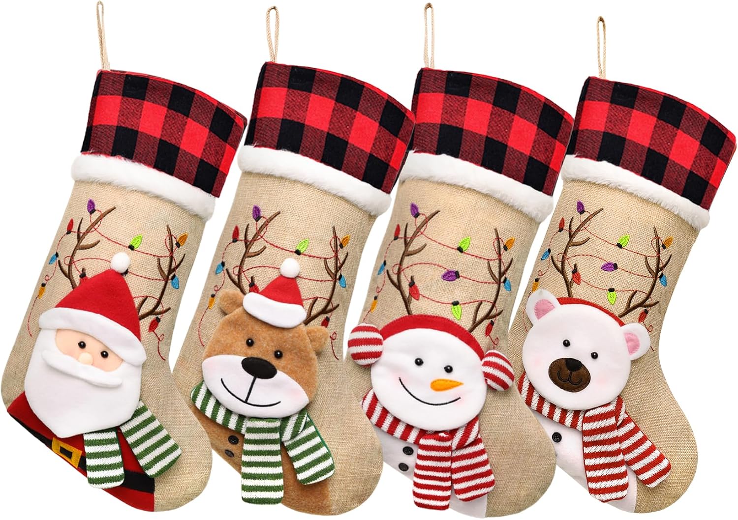 ELEGANTPARK Burlap Christmas Stocking 4 Pack, Buffalo Plaid Cuff 20 Inch | Large Xmas stockings with 3D Santa reindeer snowman bear for family kids, fireplace mantel hanging Christmas decor