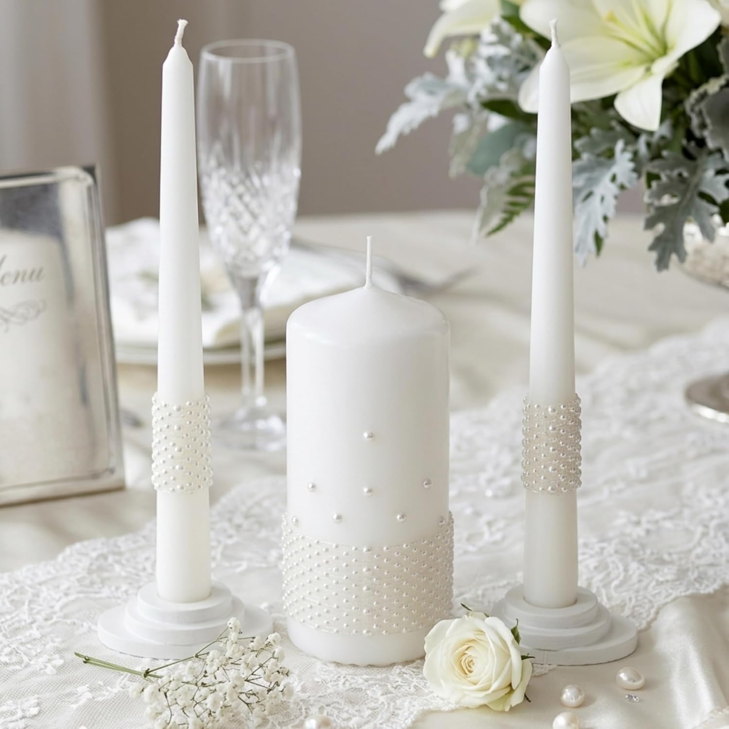 Unity Candle Set - Wedding Ceremony & Reception Candle– 6” Pillar & Two 10” Taper Candles – Long Burning Unity Candles for Marriage Ritual – Handmade in USA – White |Pearls| Luxury
