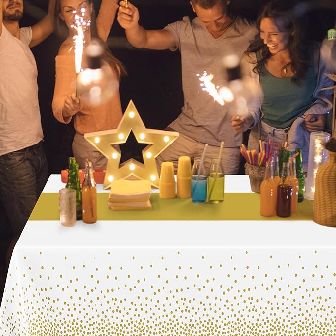 4Pack Disposable Plastic Table Cloths for Parties, 54" x 108" White and Gold Rectangle Table Covers, Waterproof Tablecloth for Rectangle Tables Suitable for New Years Eve Thanksgiving Wedding Supplies