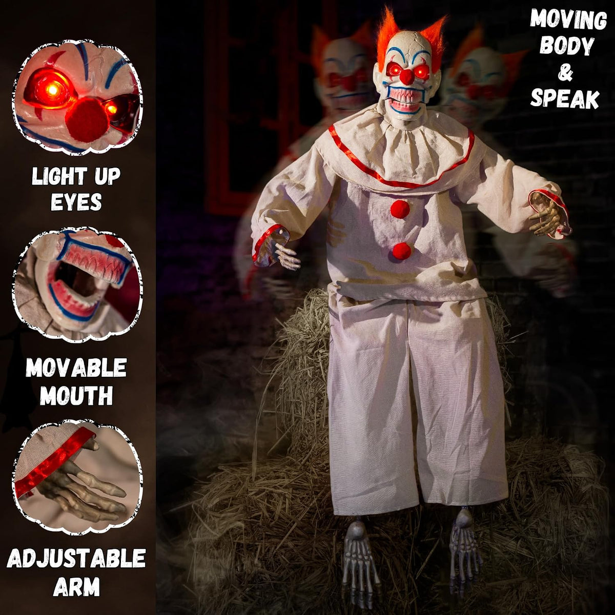 halloween animatronic sitting clown, halloween animated decorations with shown in use