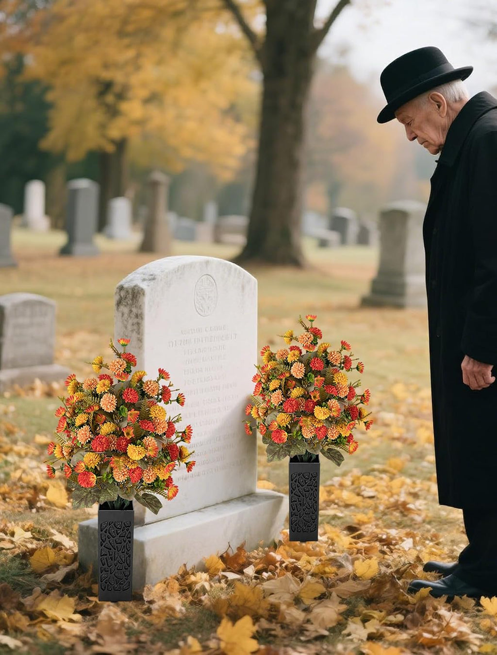 fall cemetery flowers for grave decorations, fake mums showing dimensions