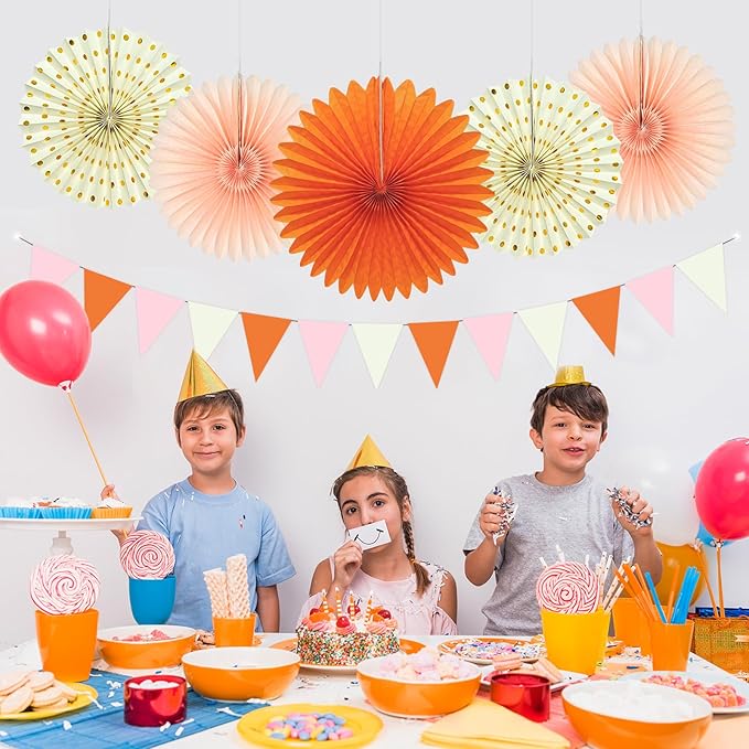 15Pcs Autumn Pink and Orange Party Decorations, Hanging Orange Paper Lanterns Honeycomb Paper Fans Triangle Flag Banner for Girls Women Baby Shower One Sweet Peach Birthday Thanksgiving Party Decor