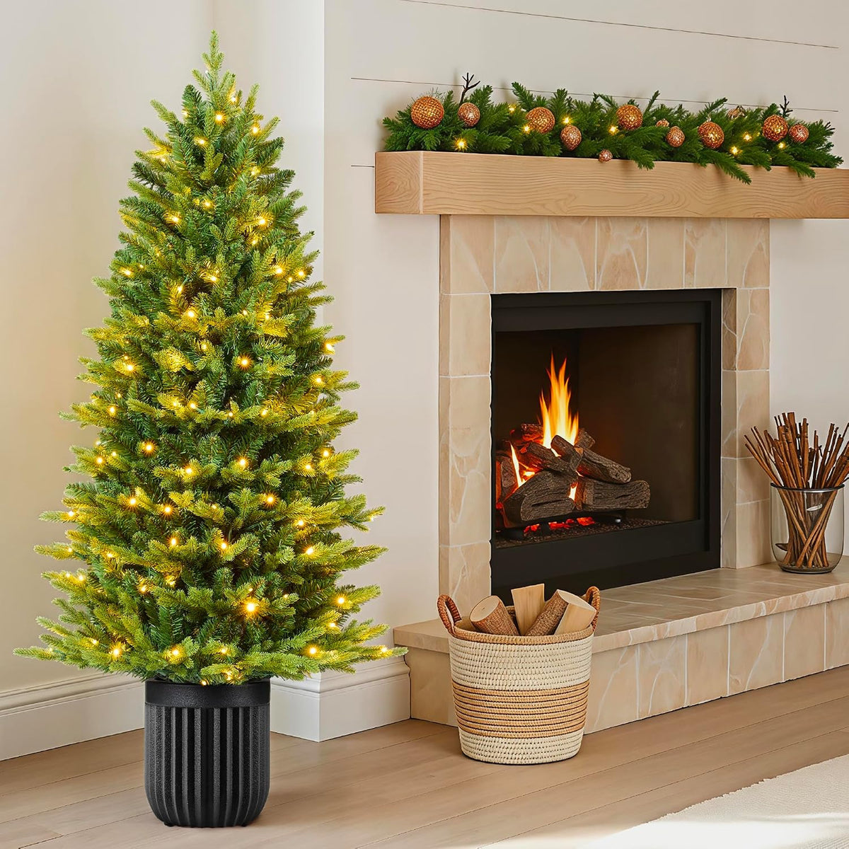 best choice products prelit potted pencil christmas tree, front angle view
