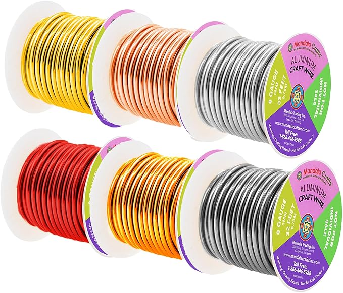 Mandala Crafts 8 Gauge Anodized Aluminum Craft Wire for Jewelry Making - 120 FT Colored Flexible Silver Copper Light Gold Gray Gold Red Wire - Bendable for Bonsai Armature Crafting Sculpting