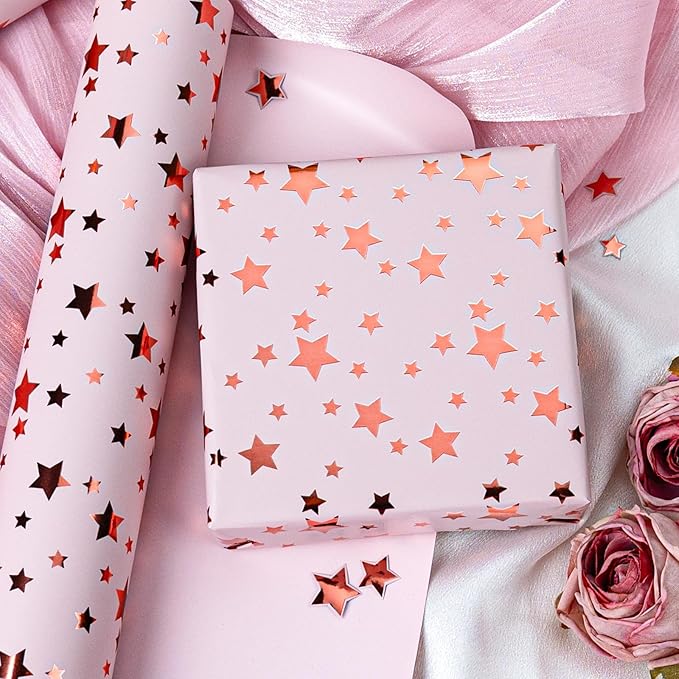Burymento Gold Foil Five-Pointed Star Wrapping Paper, Reversible Pink Gift Wrap for Birthday, Valentines, Mothers day, Graduation, Wedding, Fathers day, Baby Shower, Christmas (17in x 32.8ft)