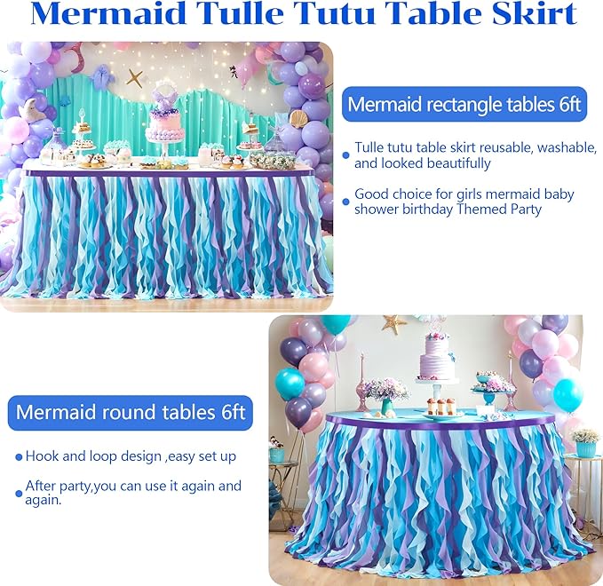 PARTISKY Mermaid Tulle Tutu Ruffle Curly Willow Table Skirt for Rectangle Table 6ft, Mermaid Themed Party Table Cloth for Girls Birthday Party or Baby Shower