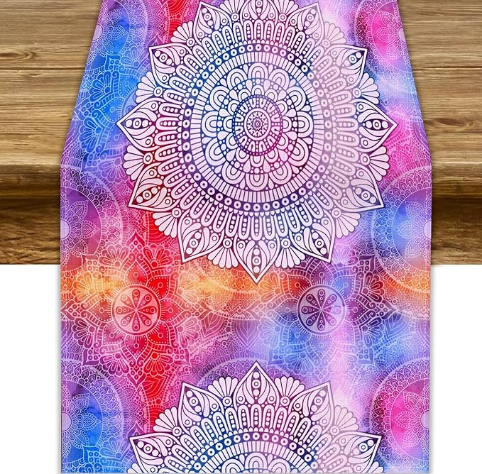 Vintage Mandala Table Runner, Bohemian Indian Purple Starry Colorful Floral Print Table Runner for Home Kitchen Dining Table Party Decor, 13x90inch