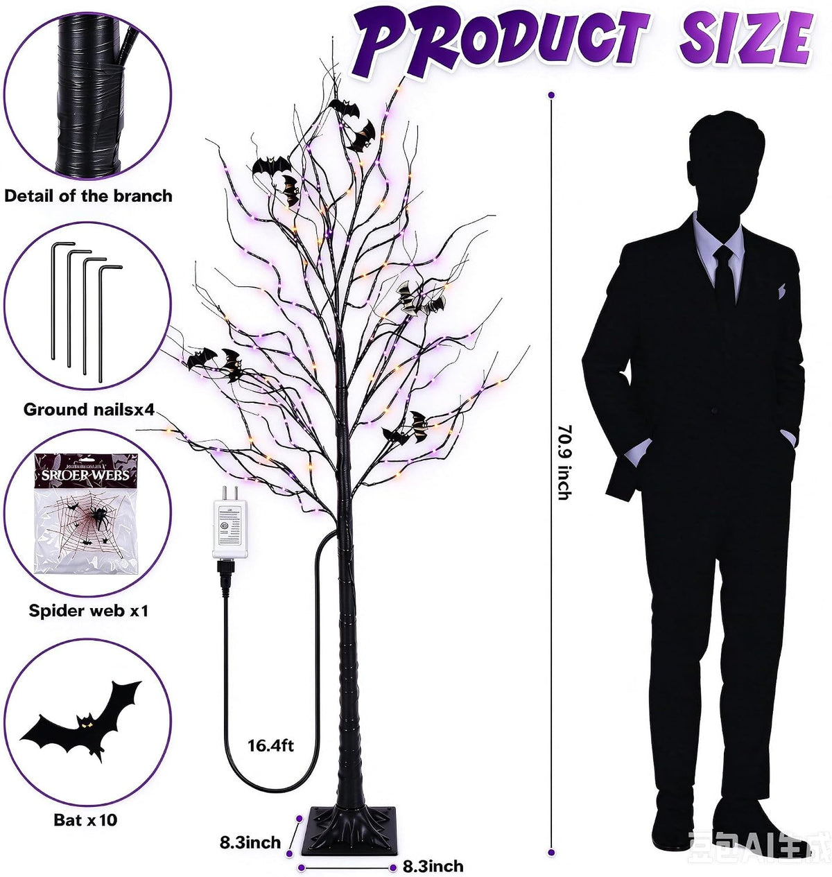 Halloween Lighted Tree with 260 LED Lights, 6FT Black Halloween Tree with Tim...