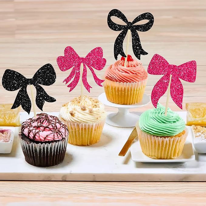 Gyufise 36Pcs Bow Cupcake Toppers Glitter Bowknot Cupcake Picks Bow Tie Birthday Decorations Bow Cake Toppers for Bridal Baby Shower Bachelorette Party Supplies Black Rose Red