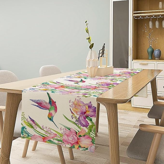 Hummingbird Table Runner,Pink Floral Country Style Table Runner for Kitchen Dining Table Home Party Decoration 13x36 Inch