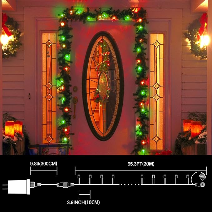 LAMPHOME 66ft Christmas Decorative Mini Lights, 200 LED Transparent Wire Fairy Starry String Lights Plug in, 12 Lighting Modes, for Indoor Outdoor Xmas Tree Wedding Party Decoration (Red+Green)