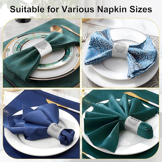 Polymer Material Reusable Napkin Band, Glue-Free Tear-Proof Water Resistant Oil-Proof Napkin Bands Set of 200(Front Silver Rose and Back Silver Color), 6 Adjustable Sizes Napkin Rings