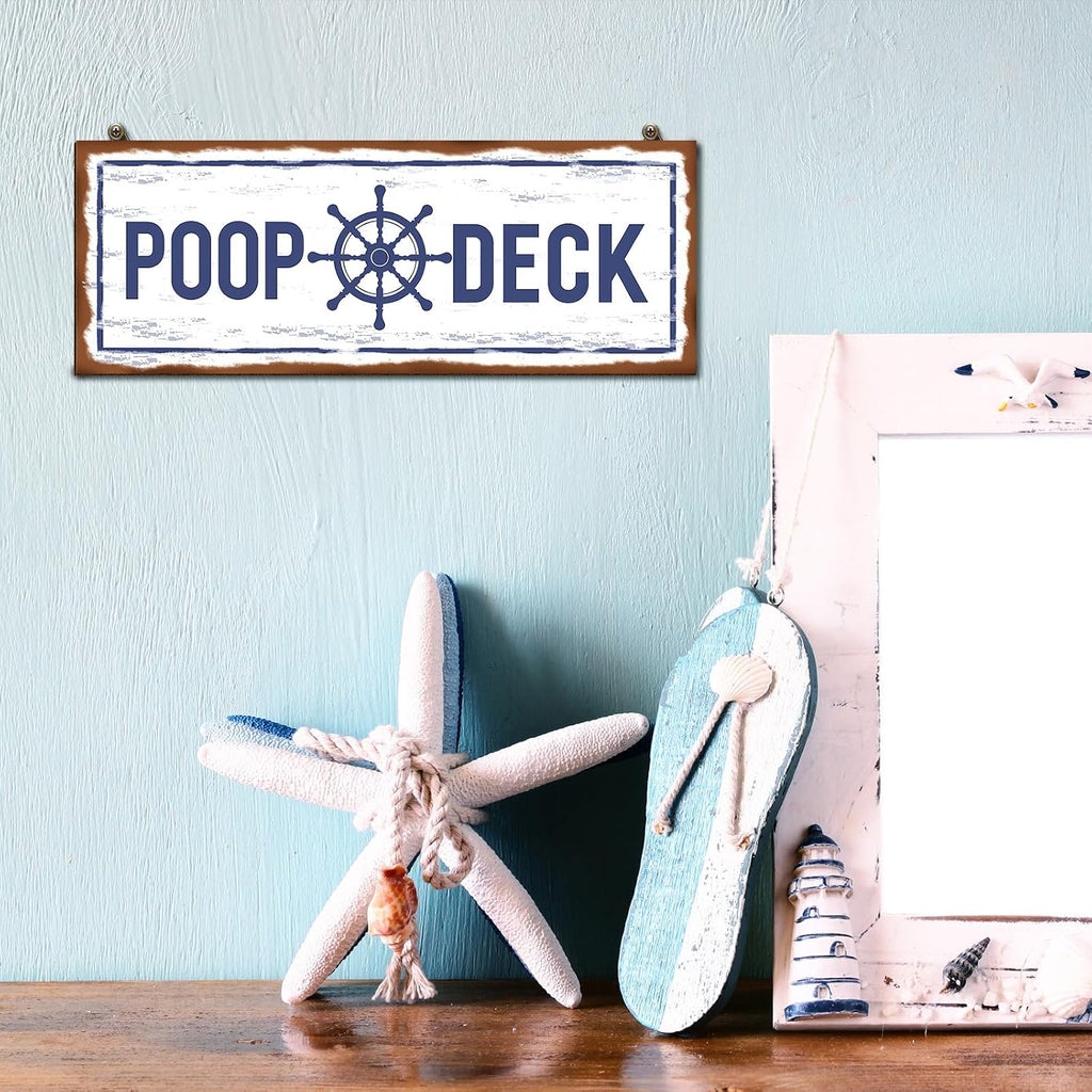 Jetec POOP DECK Sign Nautical Nursery Wall Decor Rustic Beach Bathroom Wood Sign Nautical Boat Decor Ocean Coastal Theme Decorations for Home Hanging for Ocean Bathroom 15.7 x 5.9 Inch(White)