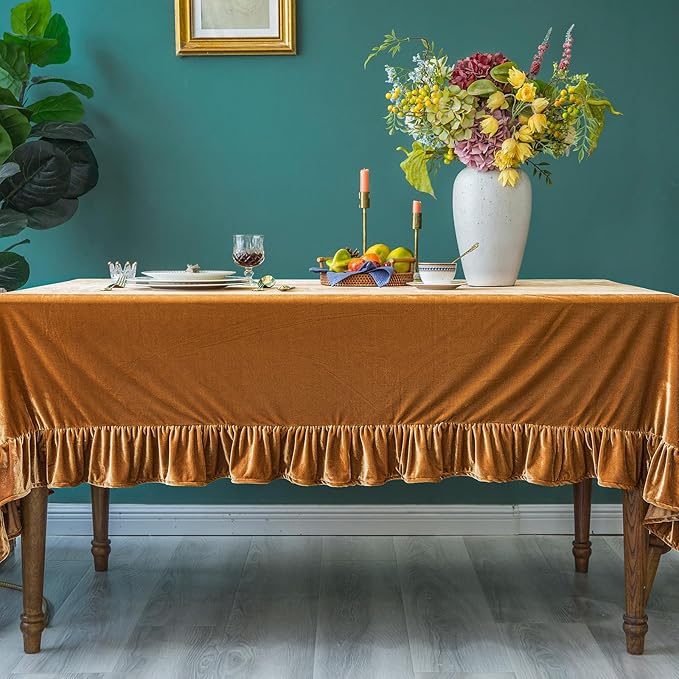 Velvet Tablecloth Luxurious Solid Rectangle Table Cloth,Oblong Retro Farmhouse Ruffle Tablecloths Washable Table Cover for Party Wedding Baby Shower Kitchen Dinning Tabletop Decoration