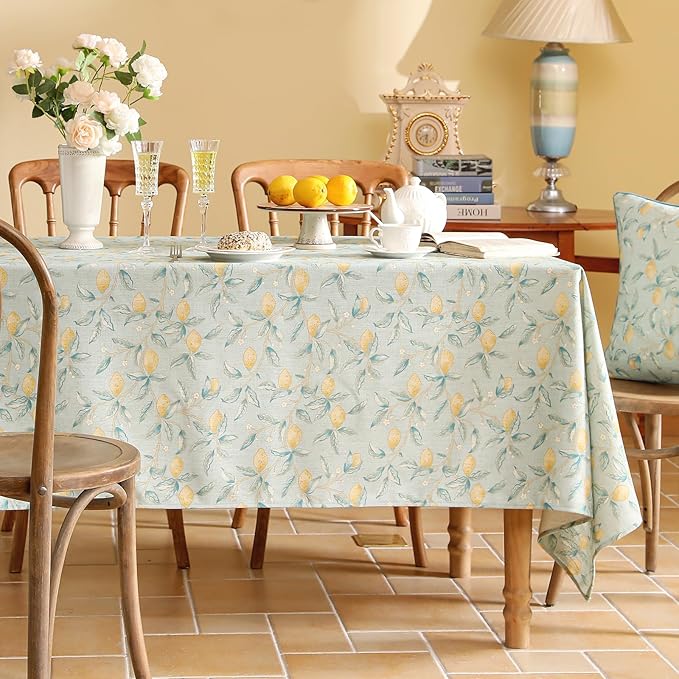 patdrea Designer Linen Green Long Tablecloth for Rectangle Table,Vintage Breathable Yellow Fruits Pattern Table Cloth,Decor Cover for Kitchen Dining,Christmas,Thanksgiving,Party,63"x102"-Ania a