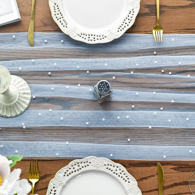 Artoid Mode Pearl Blue Gauze Table Runner 59x120 Inch , Seasonal Sheer Kitchen Dining Holiday Wedding Birthday Baby Shower Table Decor for Home Party