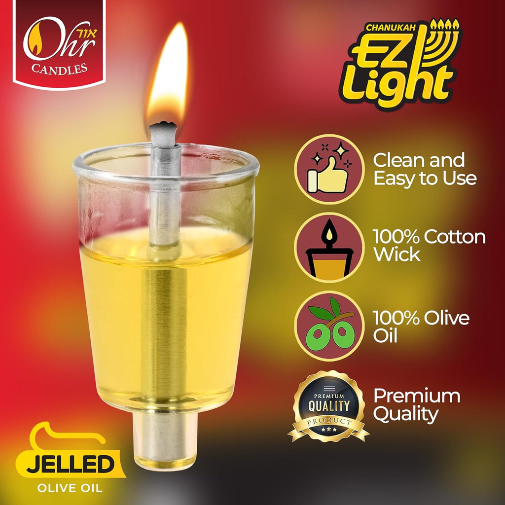 Pre-Filled Menorah Oil Cup Candles - Hanukkah Candles EZ Lights - Jelled 100% Olive Oil with Cotton Wick in Plastic Cup - Medium Size, 44 Pack, Burns 2.5 Hrs