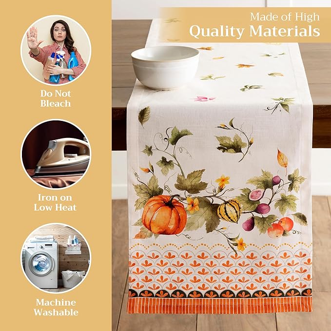 Maison d' Hermine Table Runner 100% Cotton Single Layer Table Runners 72 inches Long for Thanksgiving Christmas Decorations Home Kitchen Dining Wedding (Pumpkin Garden - Cloudy Cream, 14.5" x 72")