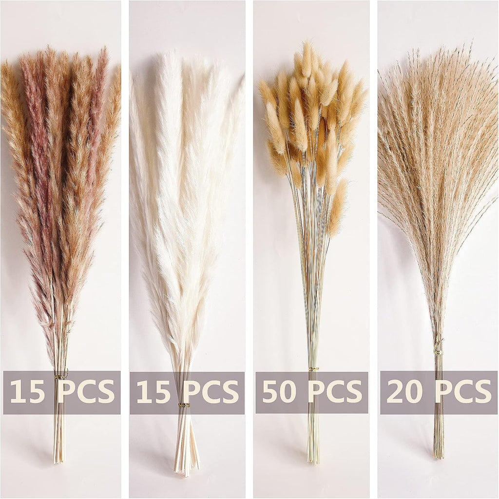 100 PCS Small Boho Pampas Grass, 17" Naturally Dried Pompas, Pampas Grass Decor for Wedding , Boho Party Decorations, Table Decor（Brown and White）