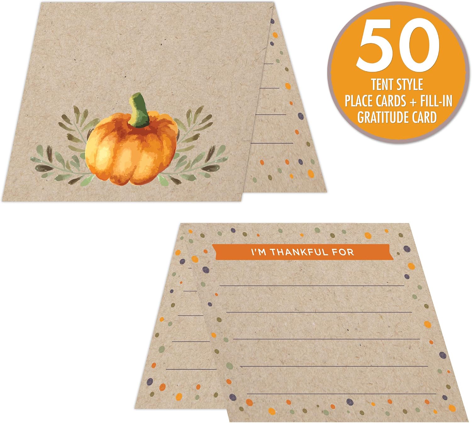 Koko Paper Co Thanksgiving Place Cards with Fill-in Gratitude Cards | Pack of 50 Cards | Printed on Heavy Card Stock.