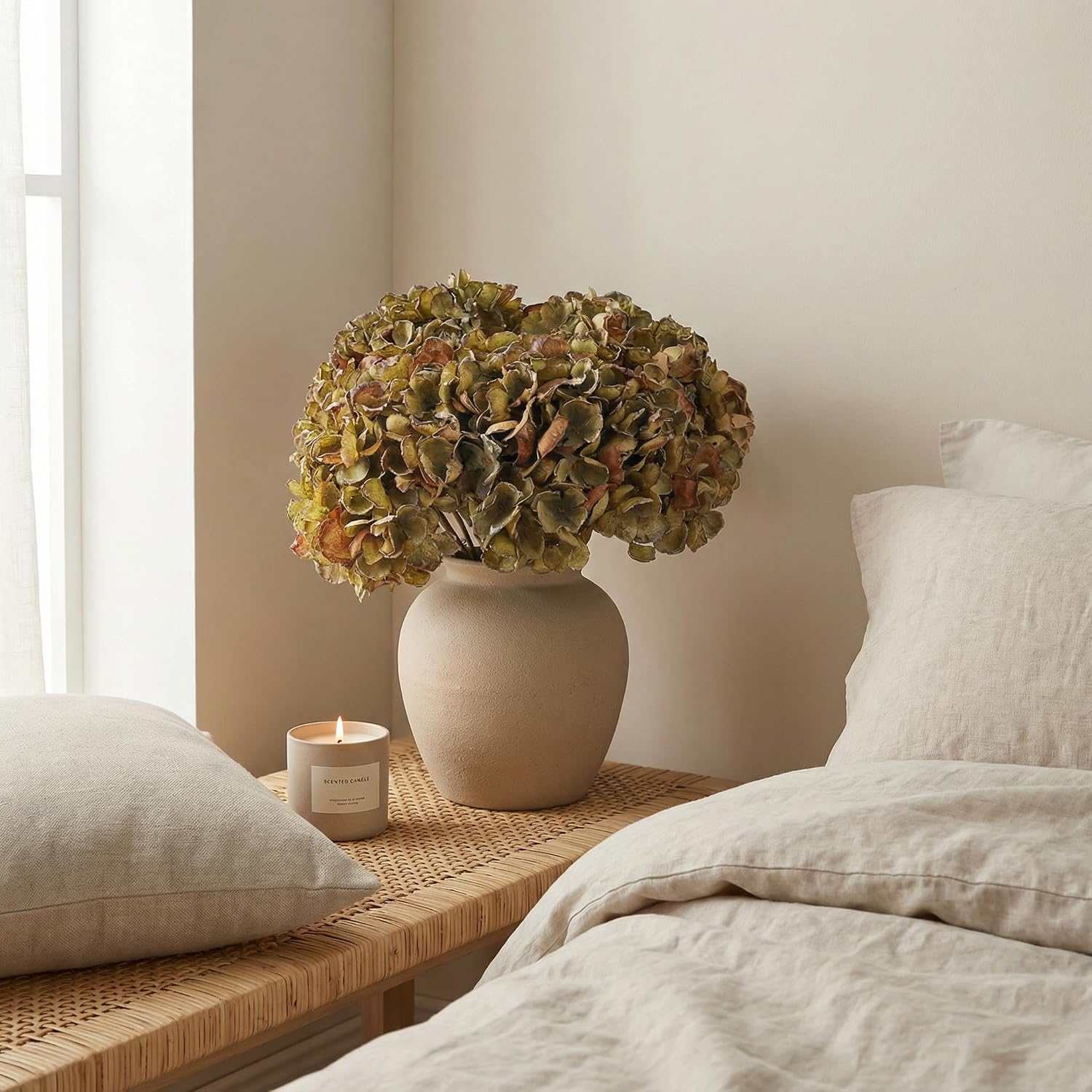 Fall Artificial Dried Hydrangea Flowers, Vintage Green Dried Look, Fall Faux Flowers, Single Stem (Autumn Green, 4pcs)