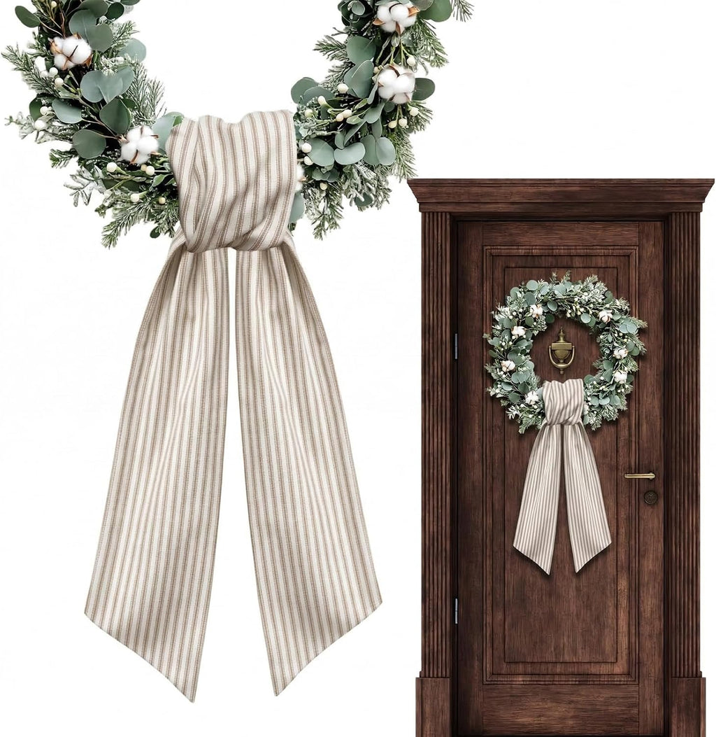 Spring Wreath Sash for Front Door, Birthday Khaki Stripes Burlap Ribbon Sash Holiday Wreath Accessories for Baby Shower Wedding Decorations