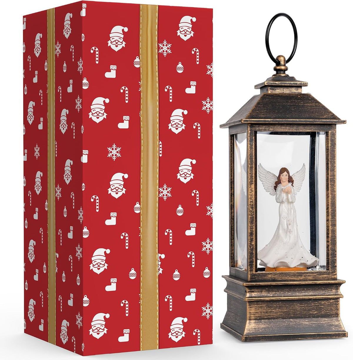 10'' musical snow globe lantern lighted angel with on a desk or shelf