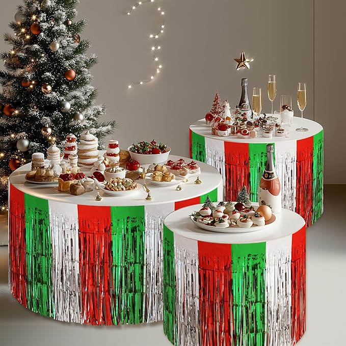 2 Pack Christmas Table Skirts, 29x108" Red & Silver & Green Metallic Foil Tinsel Fringe Table Skirts for Rectangle Tables Streamer Curtain Backdrop, Party Decoration for Xmas Birthday Wedding Holiday