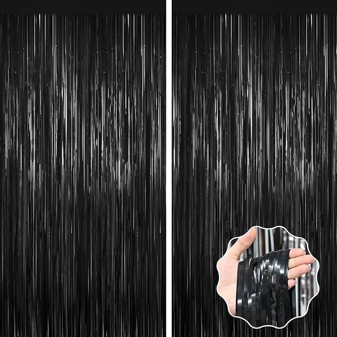 Black Foil Curtain Backdrop,2Pack Black Metallic Tinsel Foil Fringe Curtains Photo Booth Props for Birthday Wedding Engagement Baby Shower Bachelorette Christmas Halloween Disco Party Door Decorations