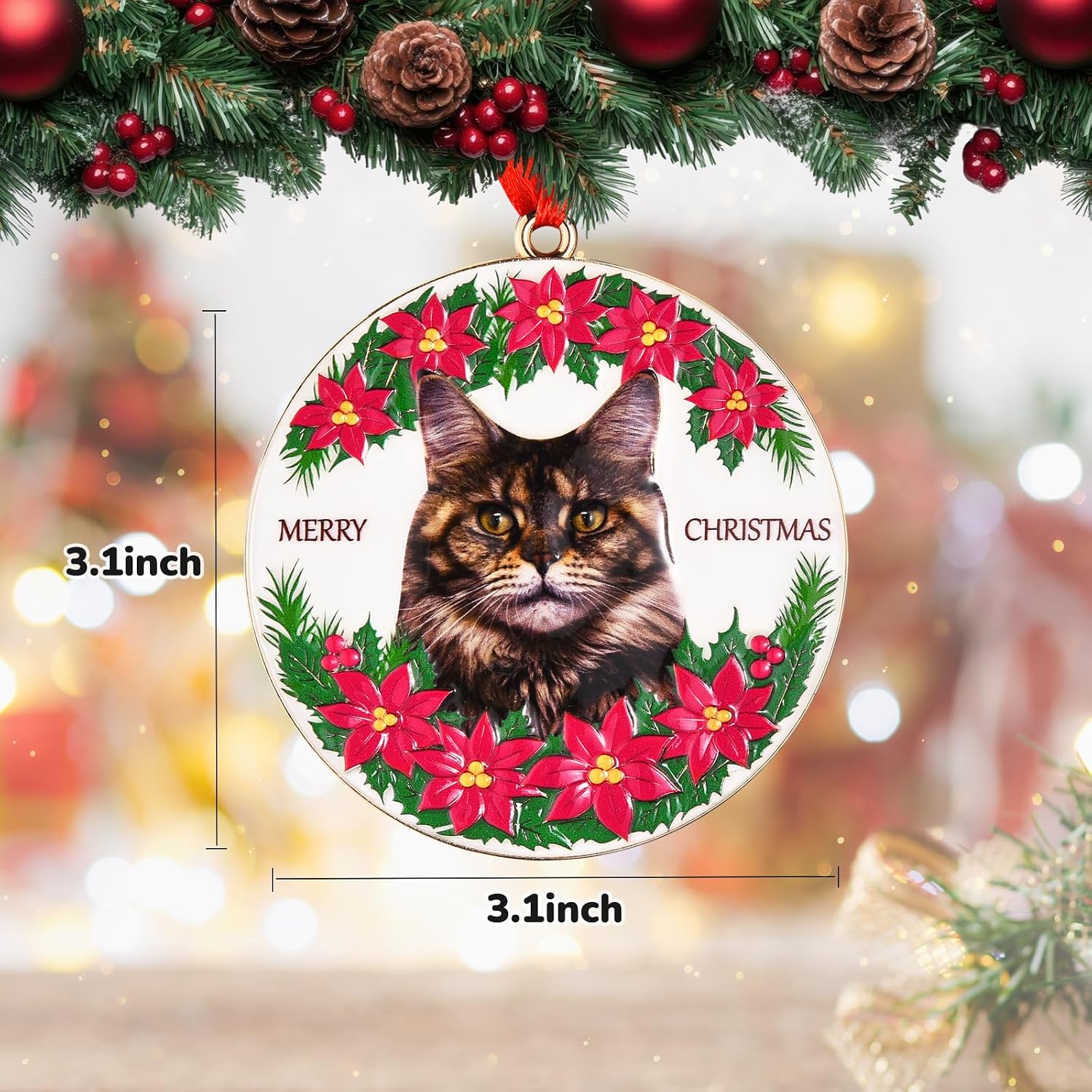 Maine Coon Christmas Ornament, 3D Metal Xmas Gifts for Maine Coon Lovers | Round Cute Hanging Xmas Cat Ornament for Tree Holiday Decoration, Ideal Holiday Maine Coon Gifts for Family Friends