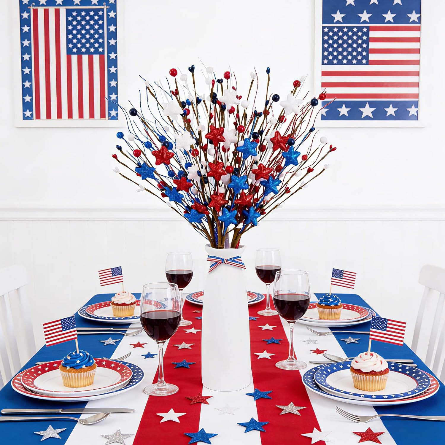 6 Pack 4th of July Patriotic Artificial Berry Stem Picks Red White and Blue Stars Flowers Decoration for Independence Day, Pentagram Faux Berry Branches for Home Office Restaurant Vase Decor