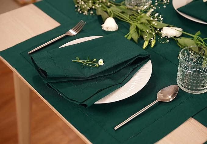 100% Pure Linen Green Napkins 20 x 20 Inch - Hemstitch Christmas Dinner Napkins Set of 4 - Cloth Fabric Napkins for Thanksgiving, Winter, New Year - Elara