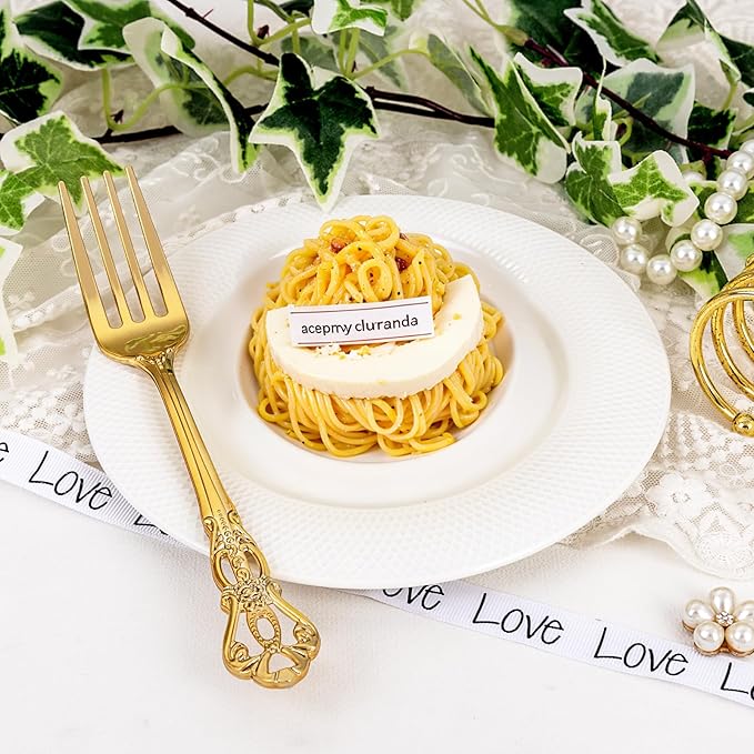 150PCS Gold Plastic Forks - 8.1inch Gold Forks Disposable - Vintage Heavy Duty Dessert Forks - Premium Fancy Plastic Silverware for Parties, Weddings, Dinners and Events