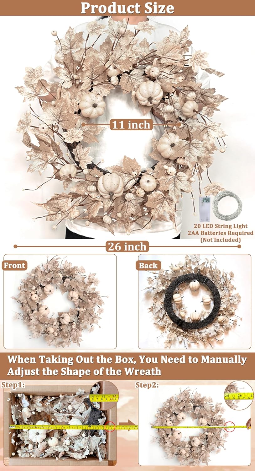 26 Inch Large Foldable Fall Wreath for Front Door with Lights Timer, Autumn M...