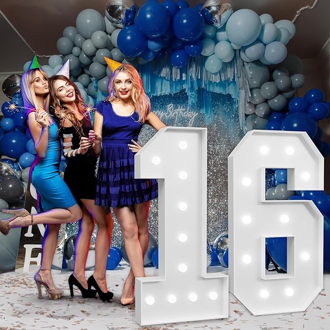 imprsv Marquee Numbers Large 16th-Birthday Decorations: 4ft Light Up Number Party Decor 16 Year Old Girl and Boy Birthday Decoration Backdrop Anniversary Cardboard Big Mosaic Balloon Frame Number 16